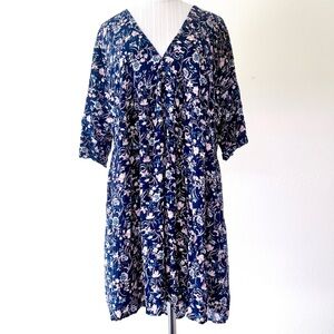 Natural Life Boho Navy Blue Floral V-Neck Midi Dress With Pockets L/XL